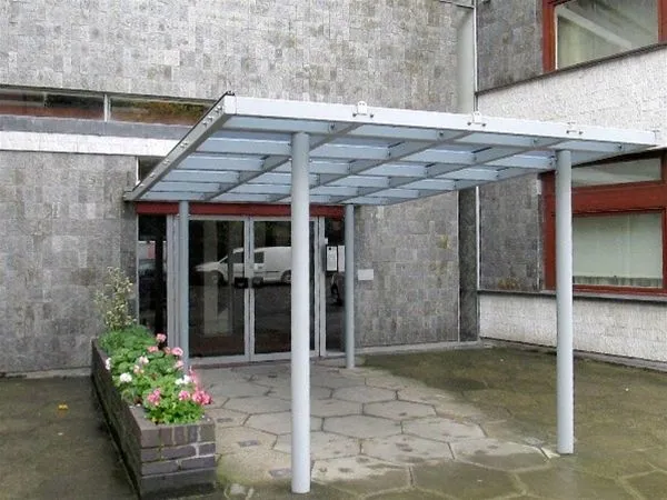 Mild Steel Support Feature Entrance Canopy with Polycarbonate Roof Sheeting Office Development London
